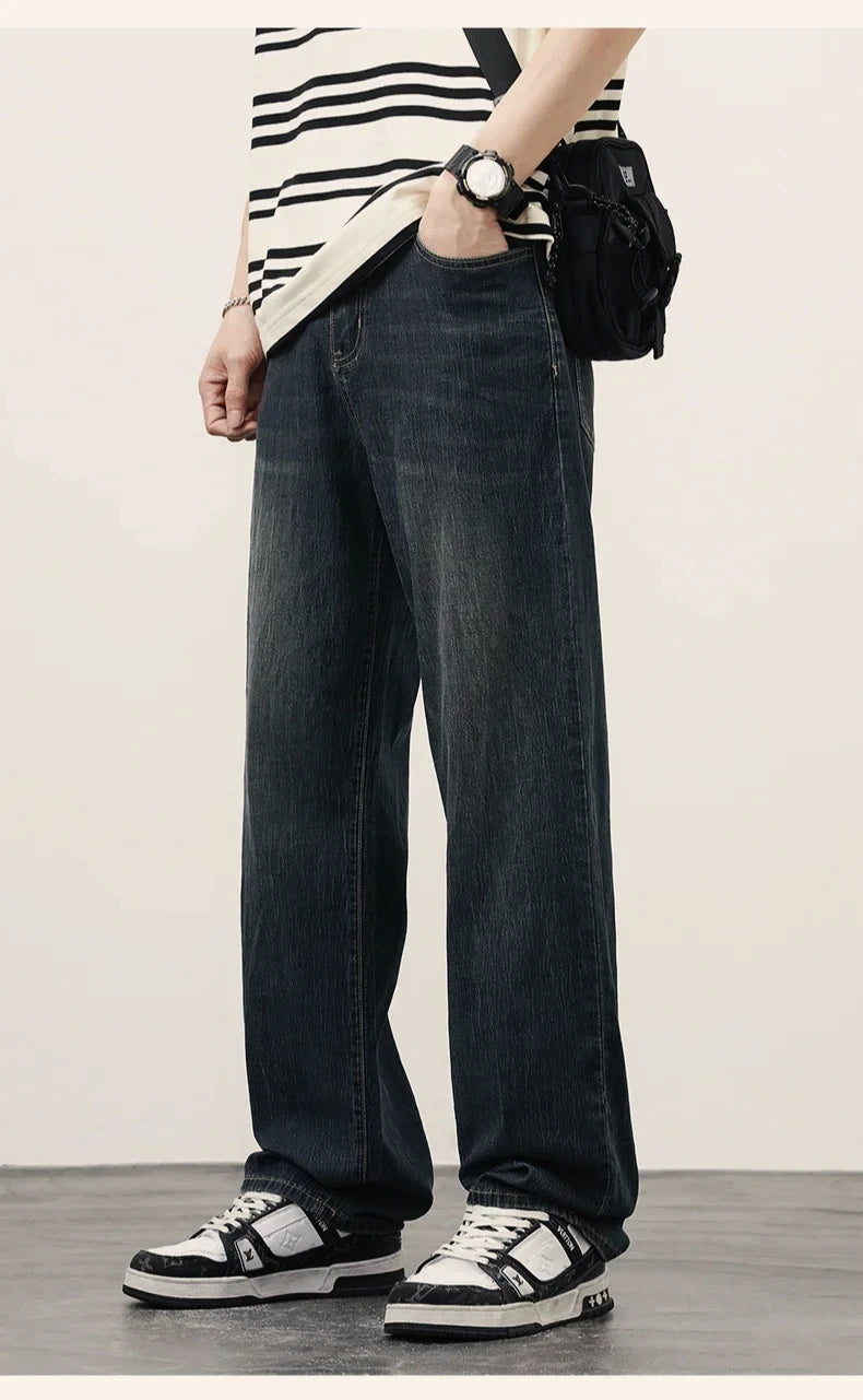 2025Spring Autumn New Men Straight Vintage Fit Jeans Casual Trousers High Quality Male Korean Fashion Baggy Wide Leg Denim Pants