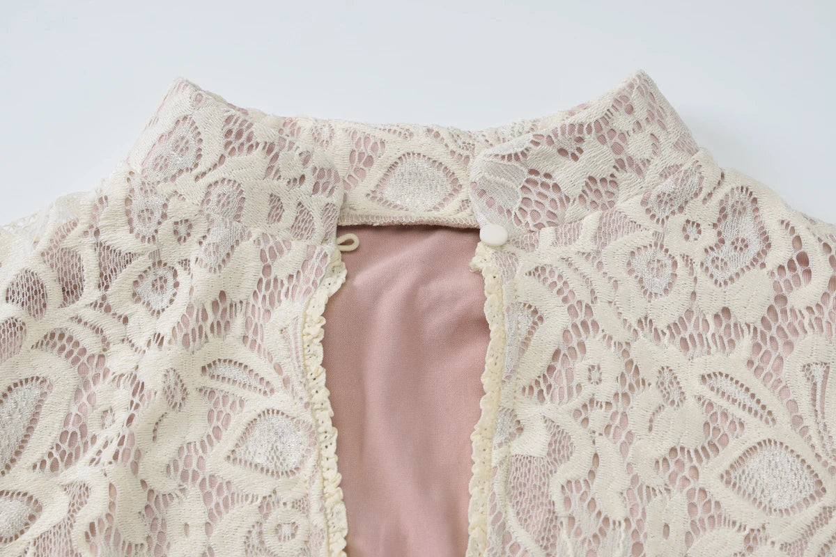 Hugcitar Turtleneck Long Flare Sleeve Patchwork Lace Hollow Out Button Sexy Mini Dress 2025 Spring Women Clothes Party Nightclub