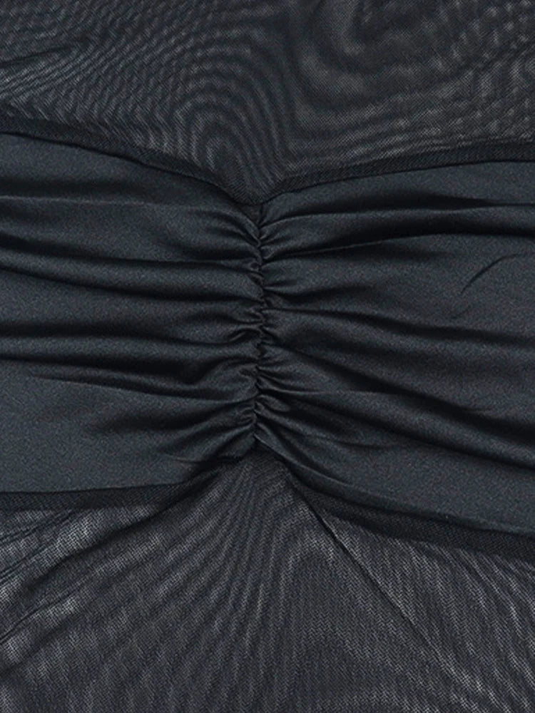 Beyprern Sexy Sheer Mesh Long Sleeve Mini Dress Y2K Women See Through Bodycon Short Skirt Stand Clubwear Party Outfit