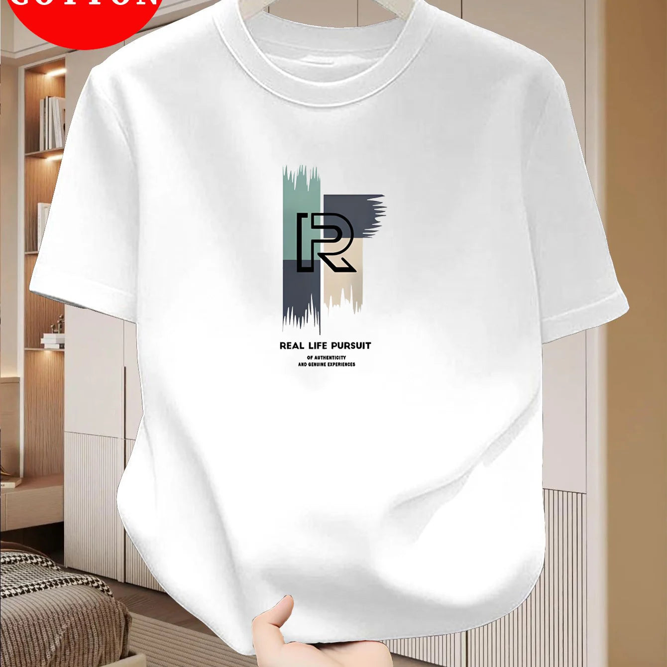 Men's 100% pure cotton casual loose modern abstract letter and "at time" pattern printed round neck short sleeved T-shirt top