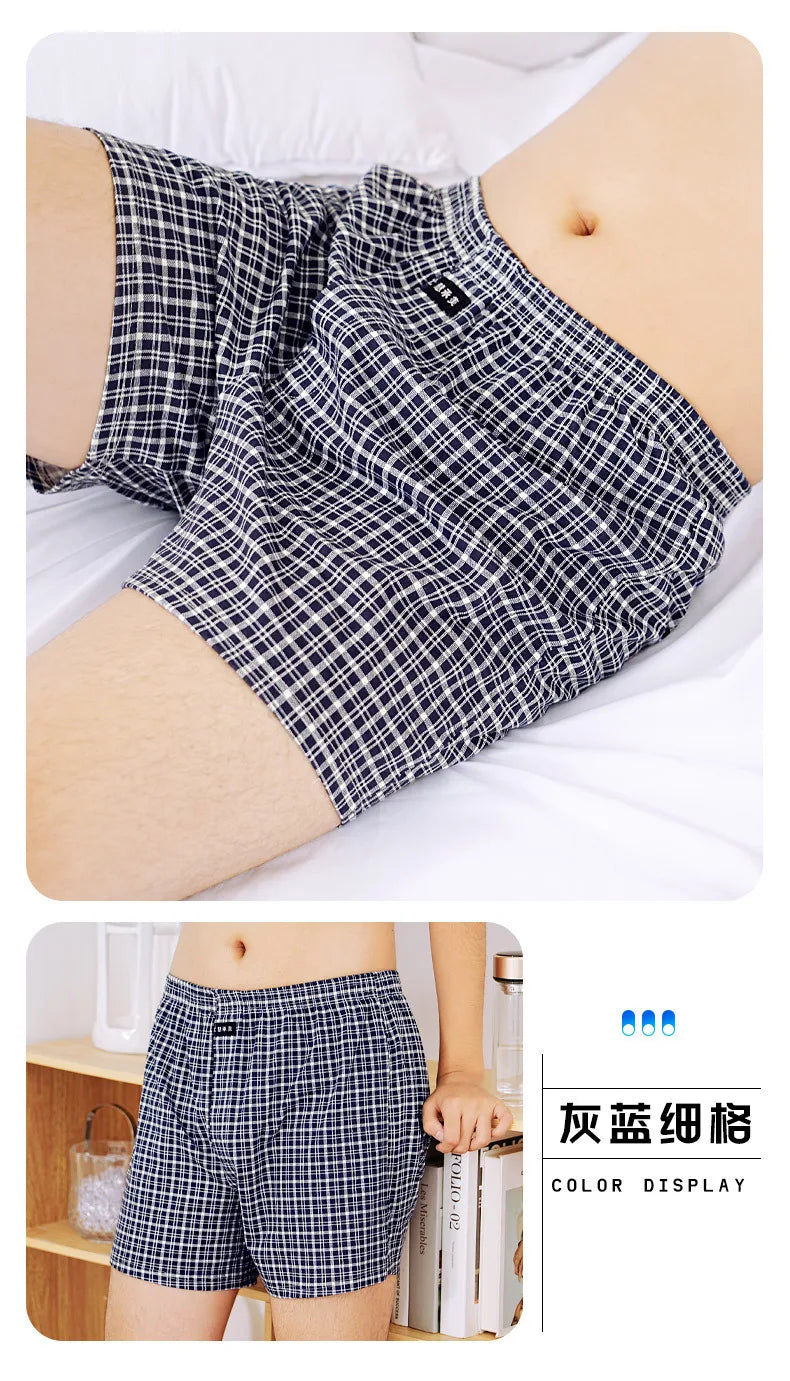 Breathable Cotton Men's Mid-Waist Shorts Plus Size Loose-Fit Plaid Underpants For Home Sleep Summer Loungewear