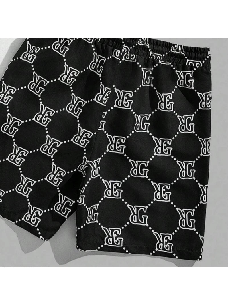 Round-neck Printed Retro Men's Suit, Two-piece Set Short-sleeved Shirt, Comfortable And Breathable Suit