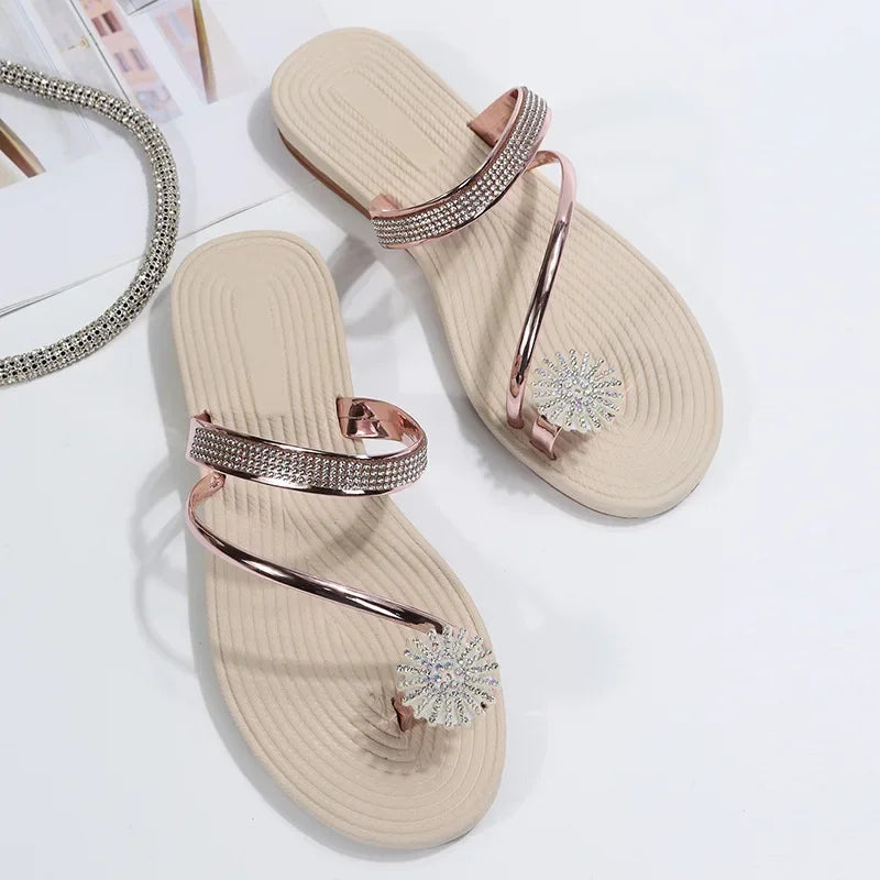 Women Summer Flat Rhinestone Flower Beach Slippers Comfy Clip Toe Lady Flat Beach Sandals Casual Female Flip Flops Zapatos Mujer