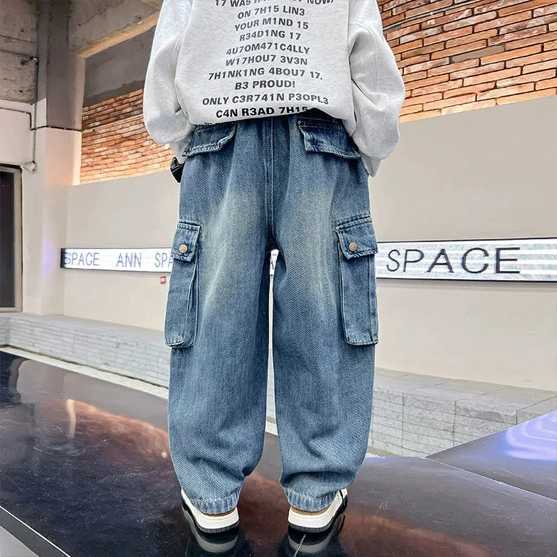 Boys Wide Leg Cargo Jeans 5-14 Years Spring Autumn Fashion Casual Streetwear Kids Retro Trendy Straight Loose Fit Sweatpants