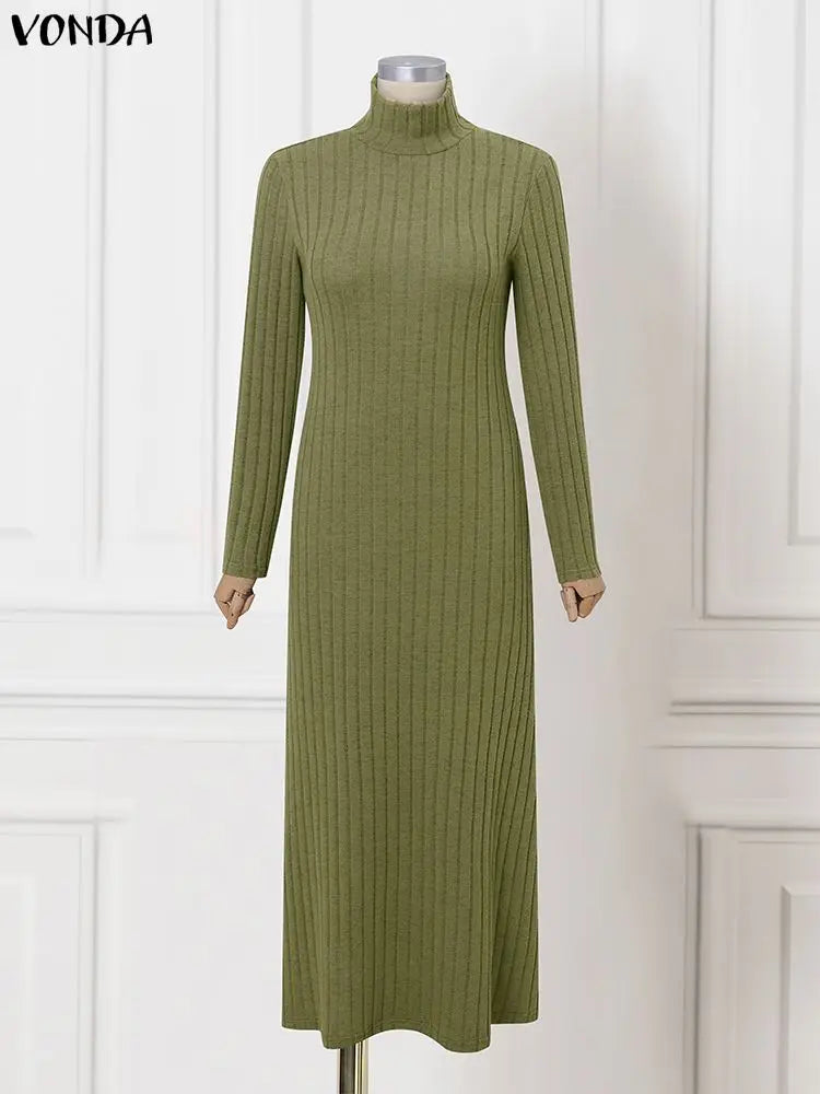 VONDA Women Turtleneck Sweater Dresses Autumn Long Sleeve Knitted Maxi Vestidos Elegant Office Streetwear Solid Party Robe Femme