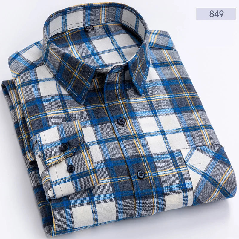 Cotton Flannel Mens Checkered Shirts Long Sleeve Soft Plaid Shirt for Men Leisure Classical Vintage Comfortable Man Clothing New