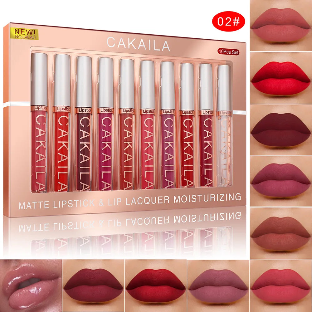 10pcs/set Nude Lip Gloss Matte Velvet Lipstick Waterproof Long-lasting  Liquid Lipstick Women Moist Lip Tint