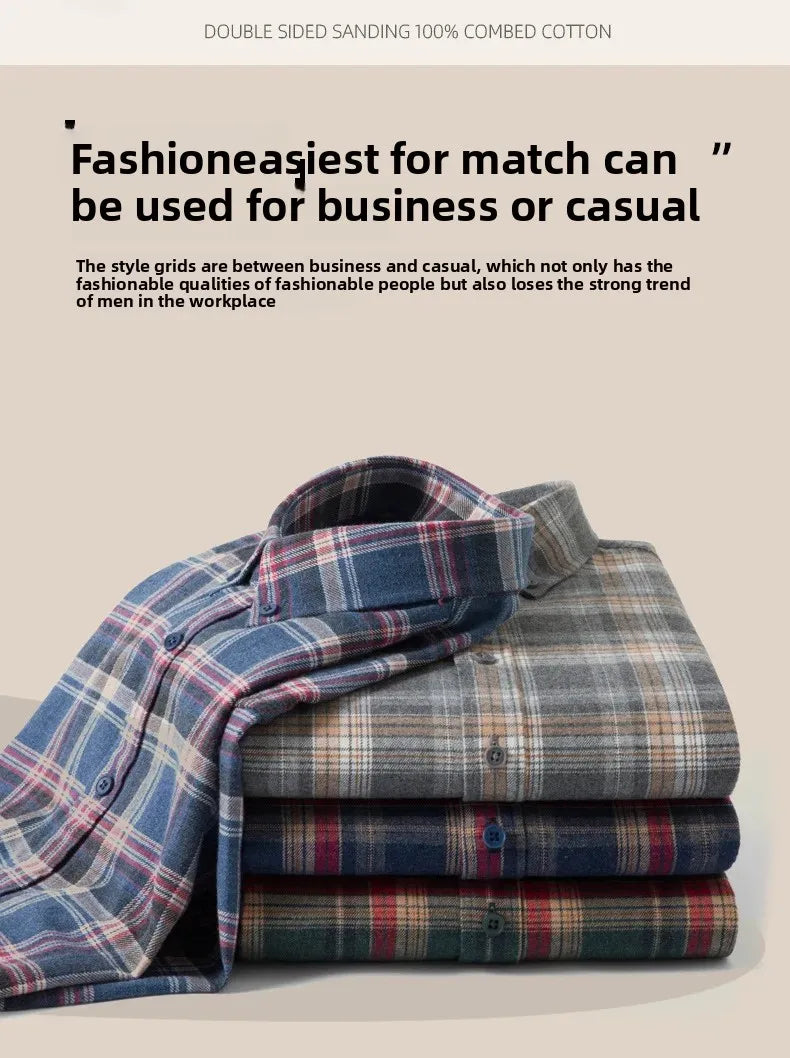 Pure Cotton Flannel Plaid Long Sleeve Casual Shirt for Men Spring Autumn New Style Retro Cross-Border Checkered Shirt