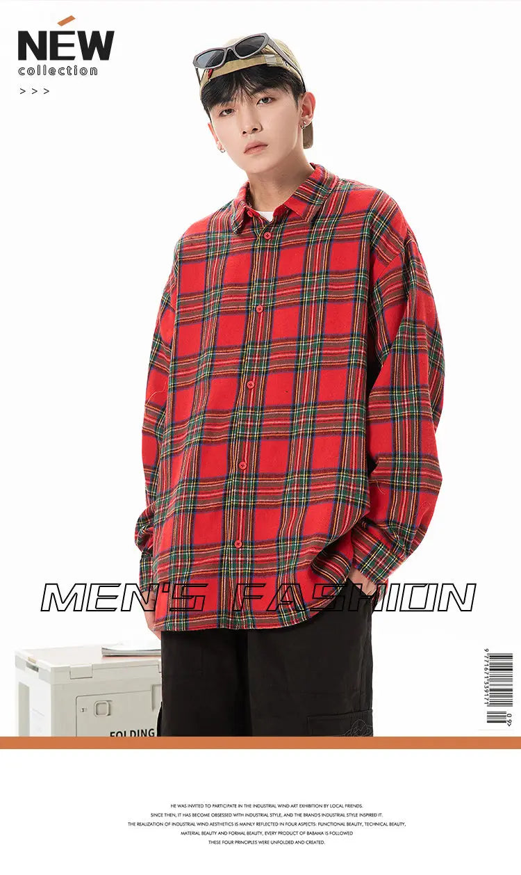 Plaid Shirt with Long Sleeves, Loose Fit, for Casual Men, Harajuku Style, Spring and Autumn Brushed Cotton Shirt.Oversized
