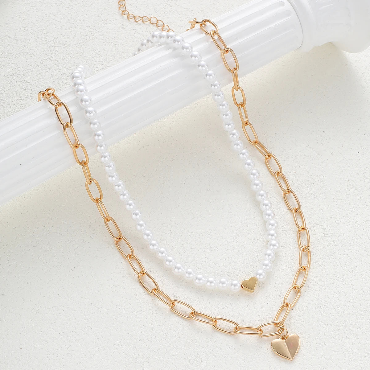 2 Pcs/Set Punk Gold Color Heart Pendant Necklace for Women Fashion Pearl Beaded Chain Choker Necklace Y2K Jewelry Gifts 2026 New