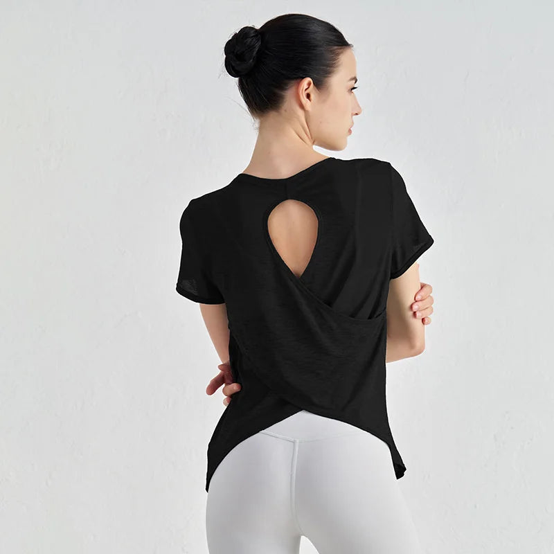 TRY TO BN Gym Tops Women Short Sleeve Sports Fitness Nylon Hollow Back Breathable Women's T-Shirt Training Runing Yoga Clothing