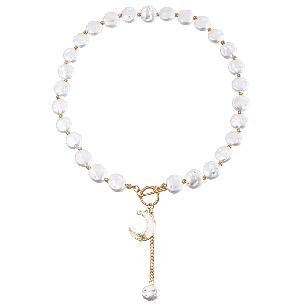 1pc Fashion String Imitation Pearl Moon Disc Pendant Necklace, Suitable for Women's Daily Party Jewelry Gifts
