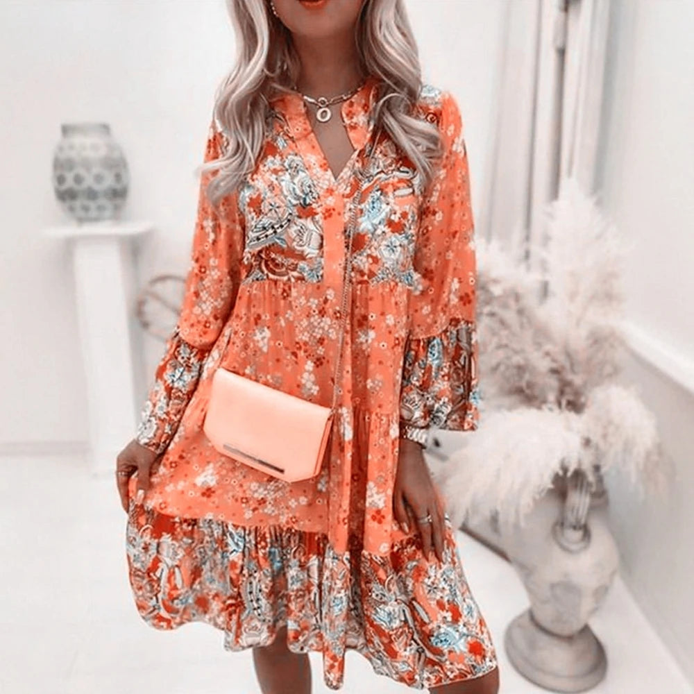 Women's Long-Sleeve Paisley Print Tiered Dress: V-Neck Button Front – Spring Summer Party Outfit, Flowy Chiffon Boho Midi Dress