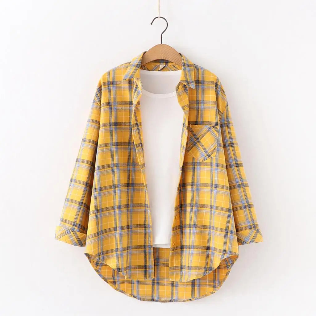 Fresh Flannel Plaid Shirt Women 2025 New Female Blouses and Tops Cotton Loose Long Sleeve Casual Shirts Fine Women's Clothes