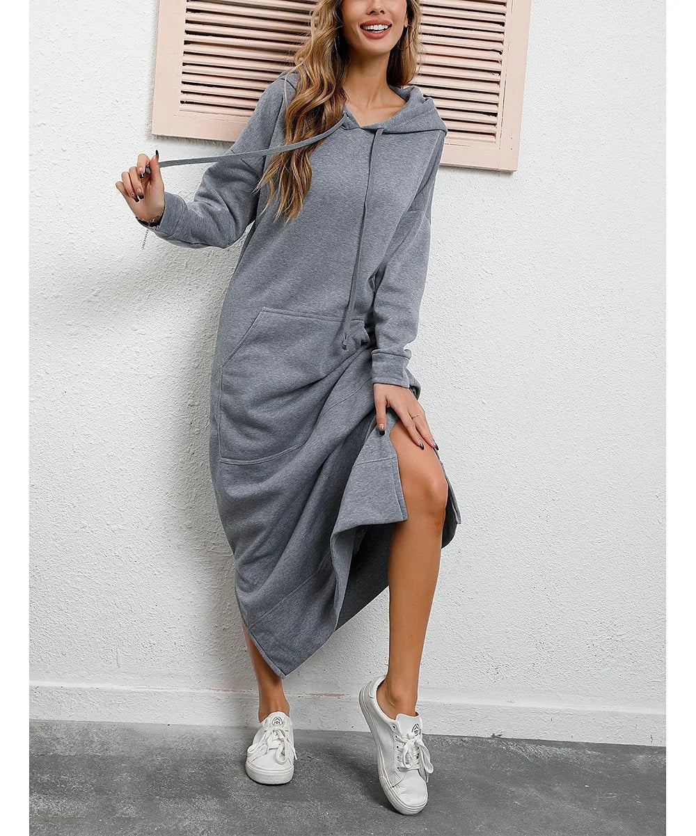 Autumn Winter New plus Size Loose Knitted Long Dress Hoodie Fleece Casual Fashion Dress Large Pocket Skirt Elegant Commute
