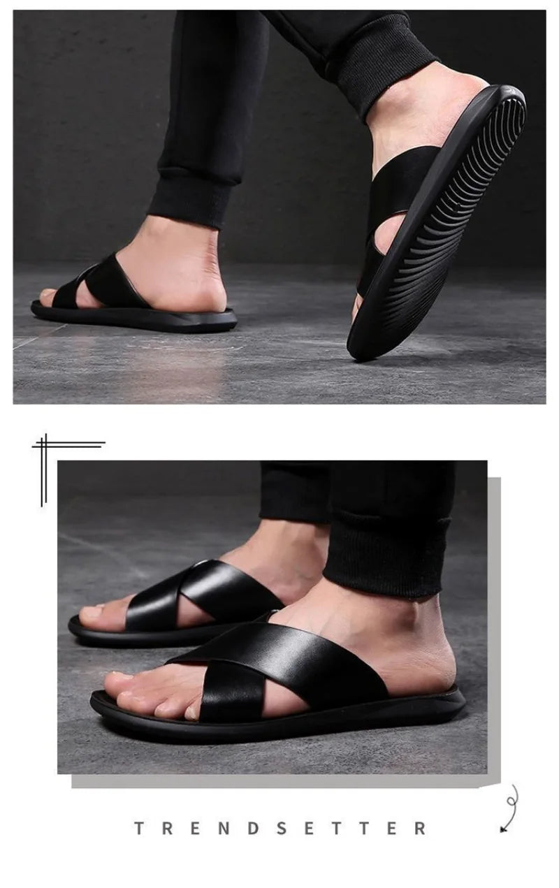 Men's Slippers Fashion Leather Slippers Outdoor Non Slip Beach Shoes for Men Light EVA Soft Sole Slippers 2025Summer New Slides