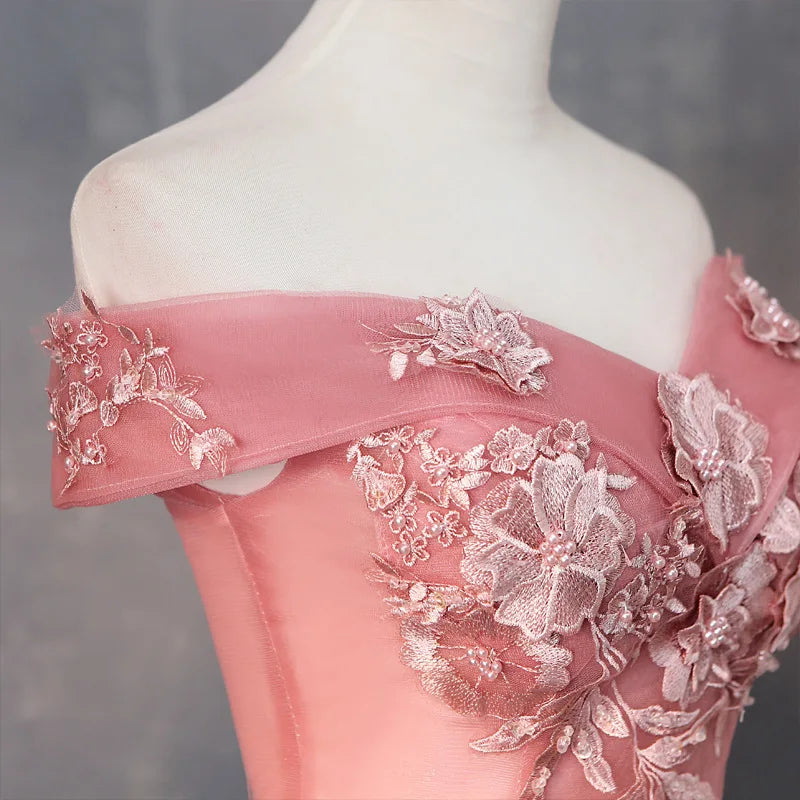 Short Evening Gown with Flared Skirt, Pink Wedding Bridesmaid Dress, Off-Shoulder Short Sleeve, Slimming Hostess Gown for Women