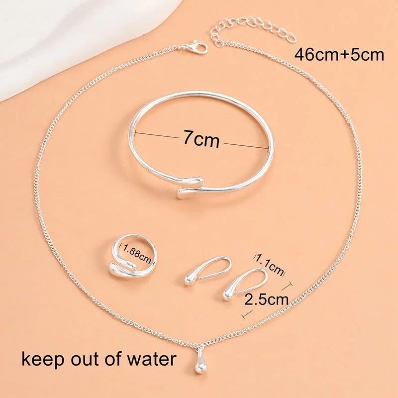 Europe and America  Accessory Water Drop Necklace Four-Piece Set Fashion Bracelets Rings Earrings Necklace Paty Jewerly Set Gift