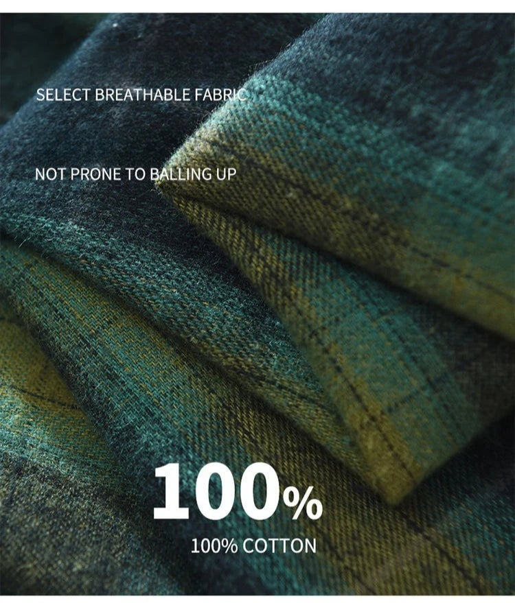 Oversized 100% Cotton Men's Plaid Shirt, Japanese Casual Style, Green Coffee Check Camping Fishing