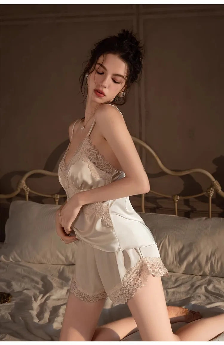 Daeyard Silk Pajama Set For Women Sexy Lace Summer Cami and Shorts Lingerie Set Satin Sleepwear 2 Pieces Pjs Nightwear