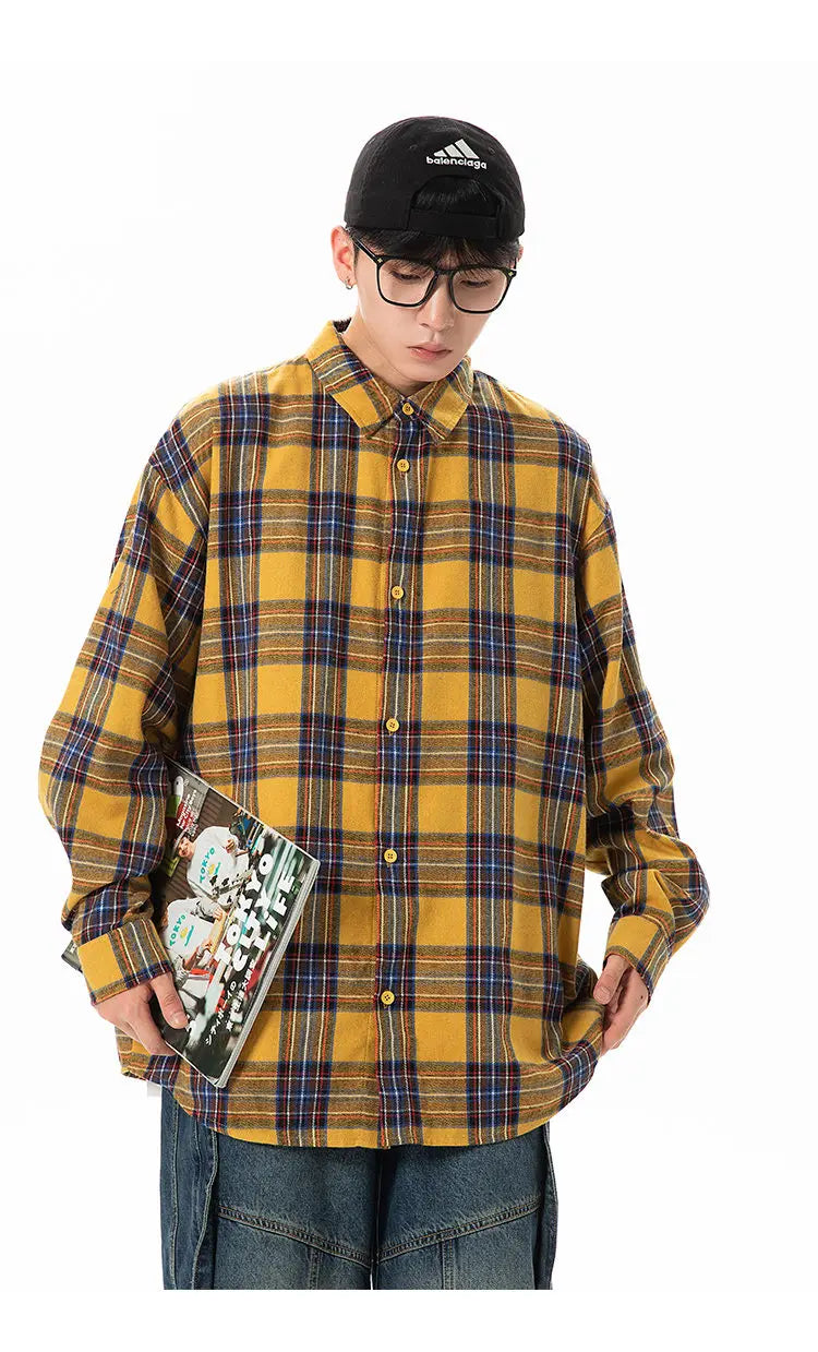 Plaid Shirt with Long Sleeves, Loose Fit, for Casual Men, Harajuku Style, Spring and Autumn Brushed Cotton Shirt.Oversized