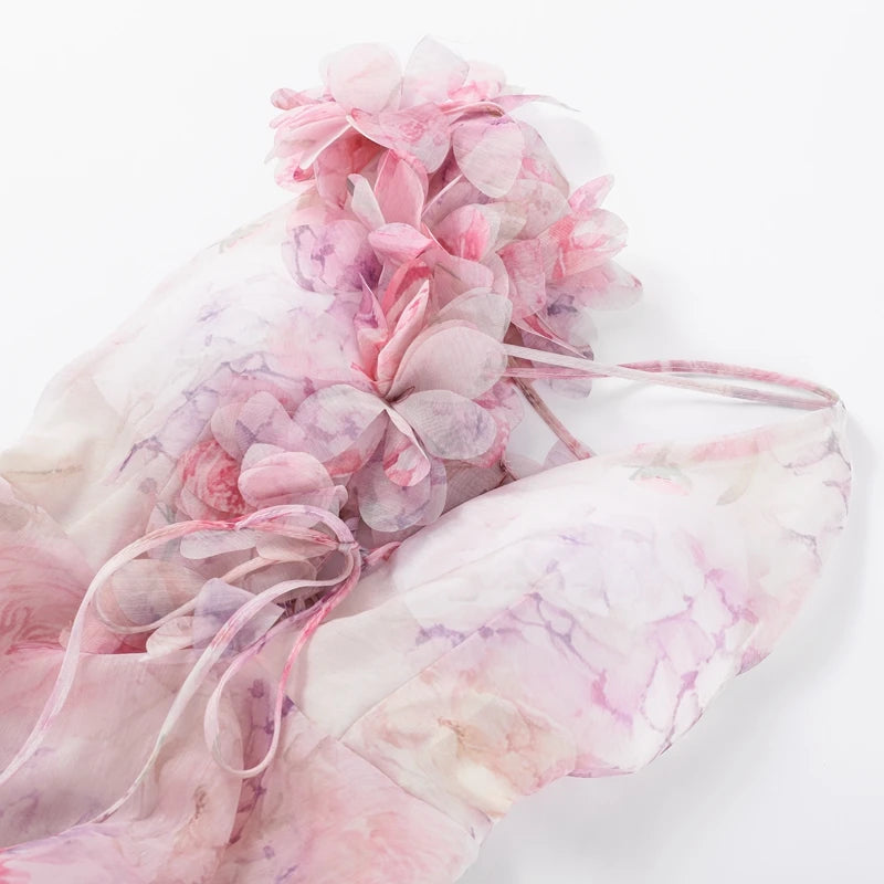 Chic Floral Printed Mini Dress Backless Sleeveless Hem Stacking Dresses Sweet A Line Vestidos 2025 New Lady Party Club Clothing