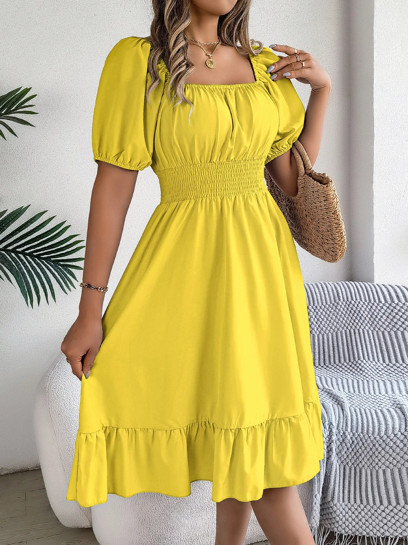 Spring Summer Elegant High Waisted Dress Square Neck Short Sleeved Ruffled Edge Long Dresses for Women 2026 Valentine's Day