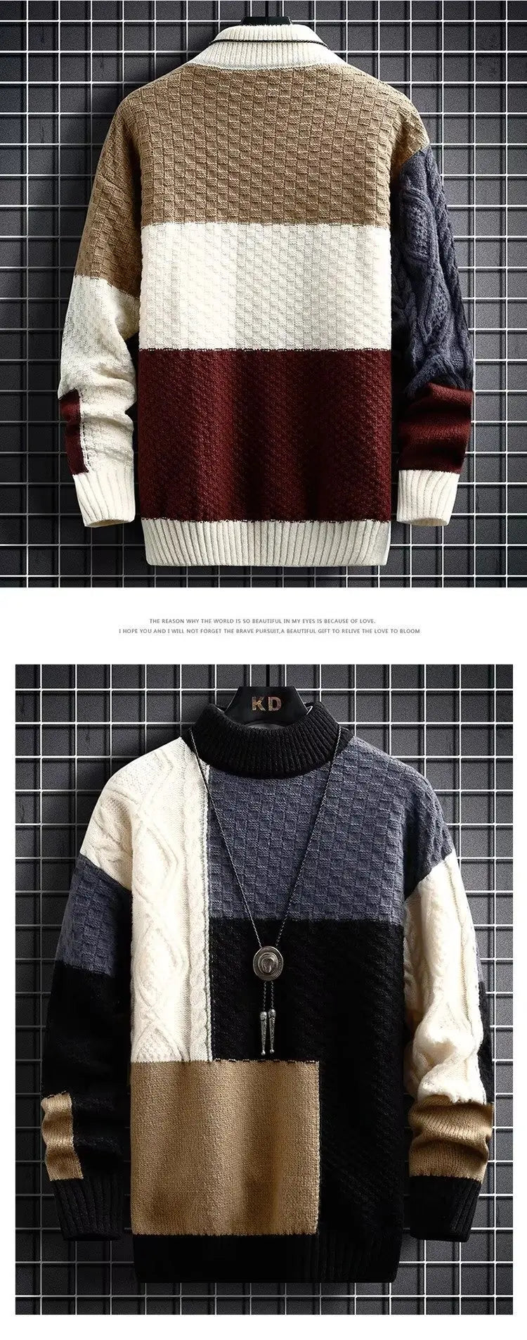 Retro Spliced Thickened round Neck Sweater for Men Loose Fit Knitted Winter Fashion Casual Cotton Polyester Blend Knitwear