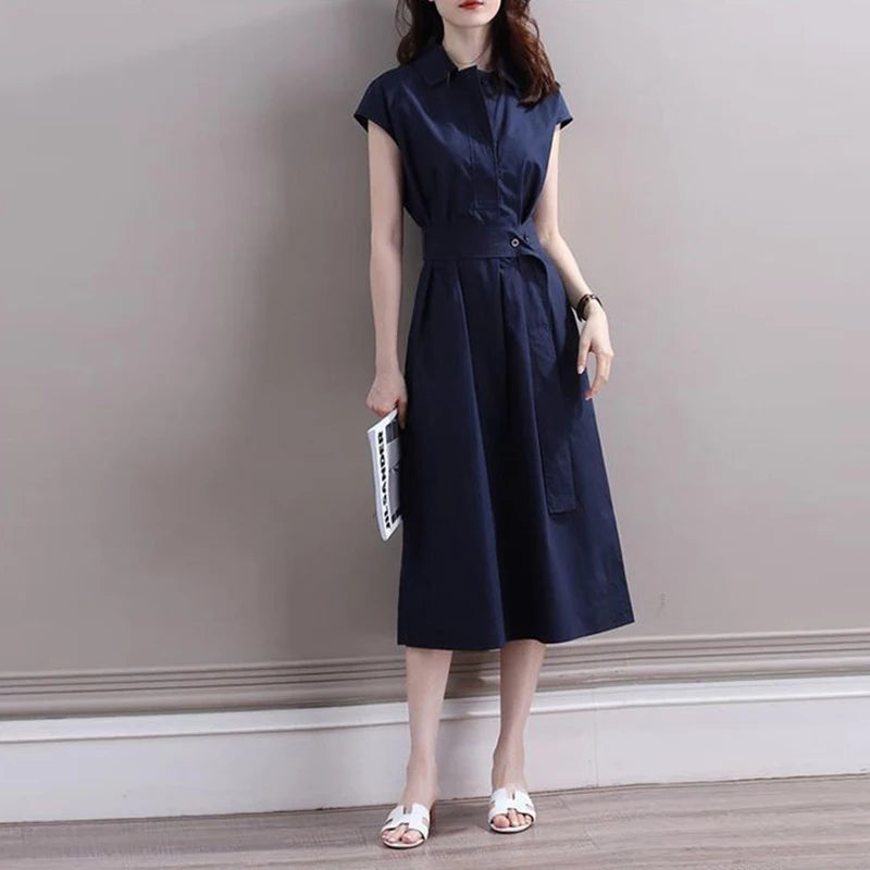Summer New Elegant Fashion Polo-neck Shirring Waist A-line Dresses Ladies Short Sleeve Temperament Simple Dress Robe Vestidos