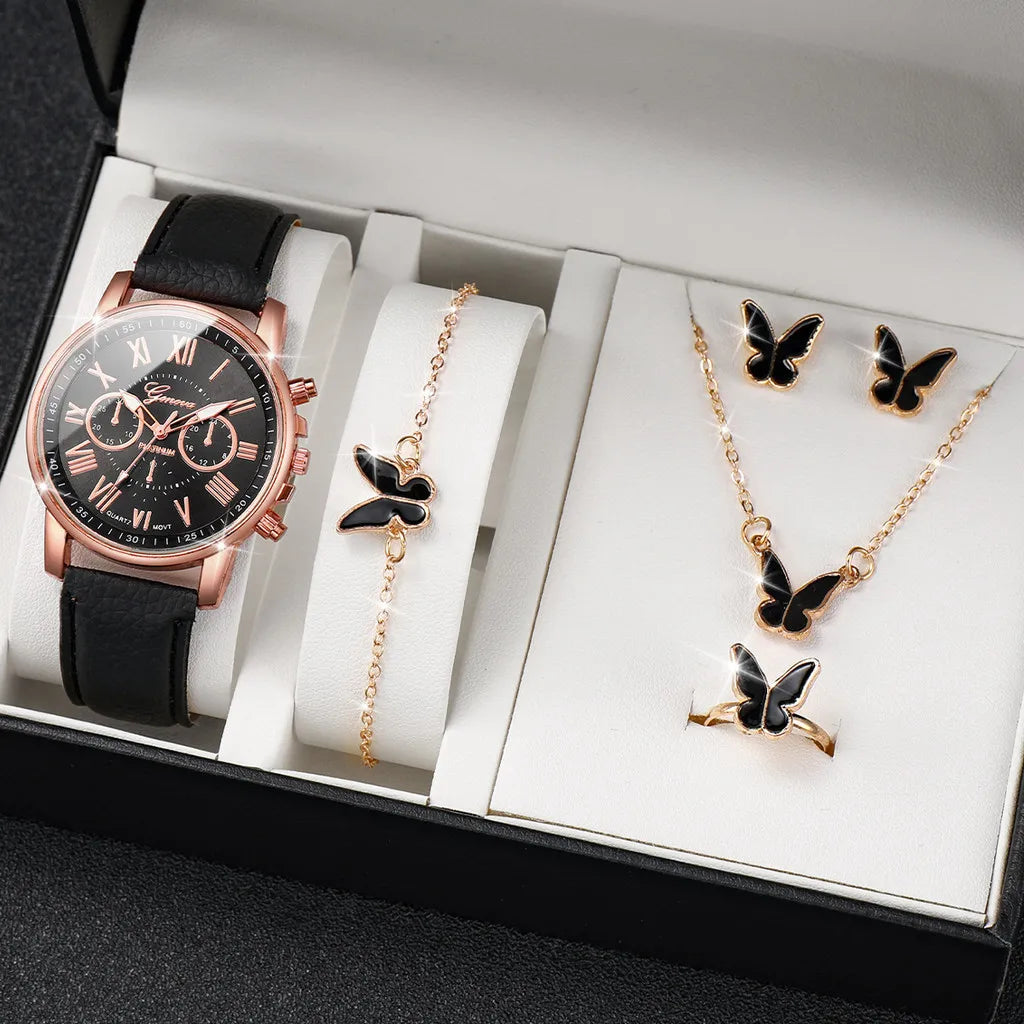 2/6pcs Luxury Watch Set Women Ring Necklace Earrings Rhinestone Fashion Wristwatch Female Casual Ladies Watches Bracelet(No Box)