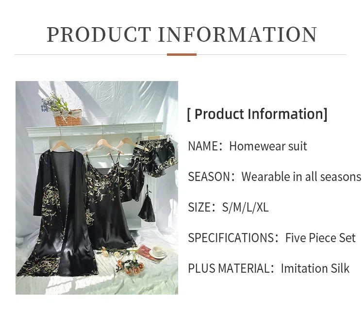 Women's Cherry Print Loungewear 5-Piece Set - Lightweight Robe, Camisole, Shorts & Dress (Minimalist Homewear Collection)