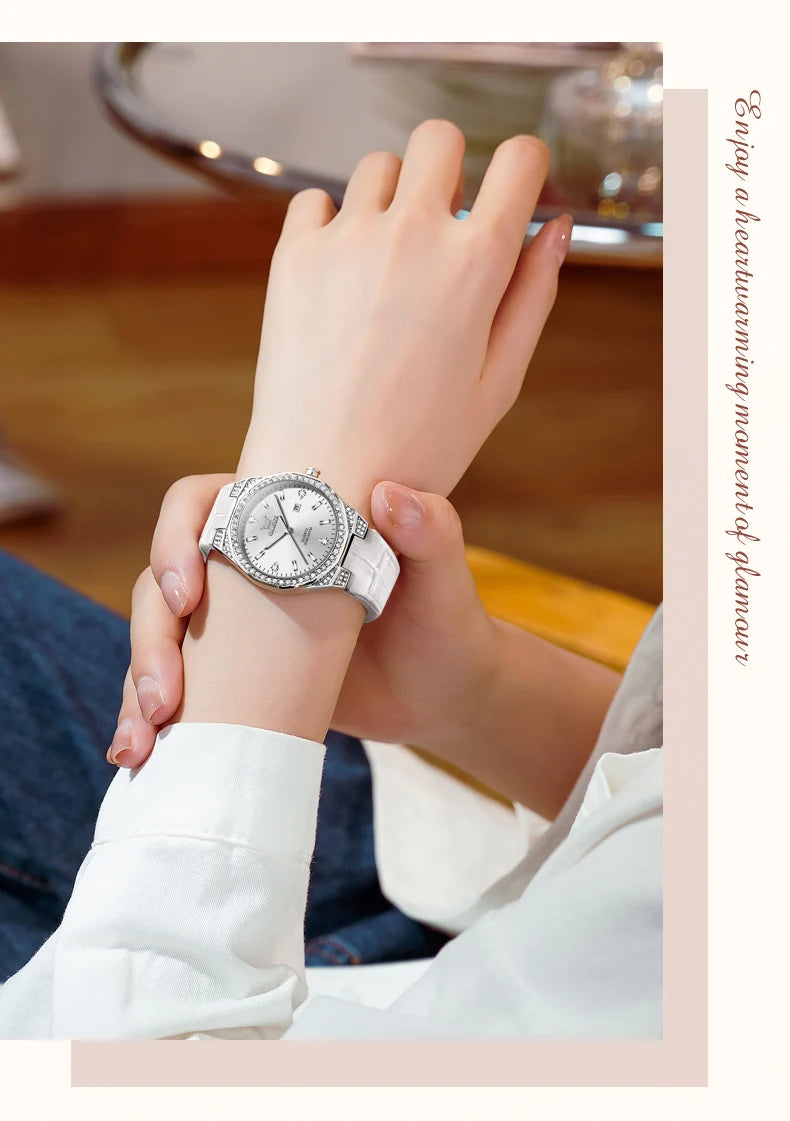 OLEVS NEW Women's Watches Pink Leather Strap Full Diamond New Style Date Waterproof Original Quartz Watch for Girl Fashion
