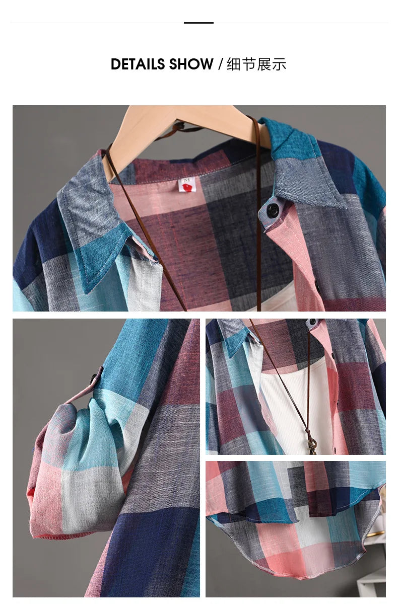 Women's Plaid Shirt Casual Blouses Woman Tops for Women Long Sleeve Long Sleeve Shirts Chic Blouse Check Linen Cotton Clothing