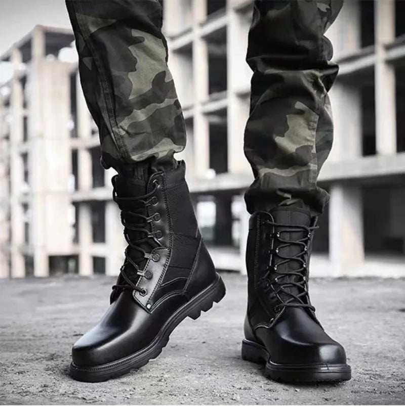 Men's Security Boots Black High-top Leather Boots Outdoor Tactical Combat Boots Anti Slip Hiking Boot Hunting Safety Shoes Botas
