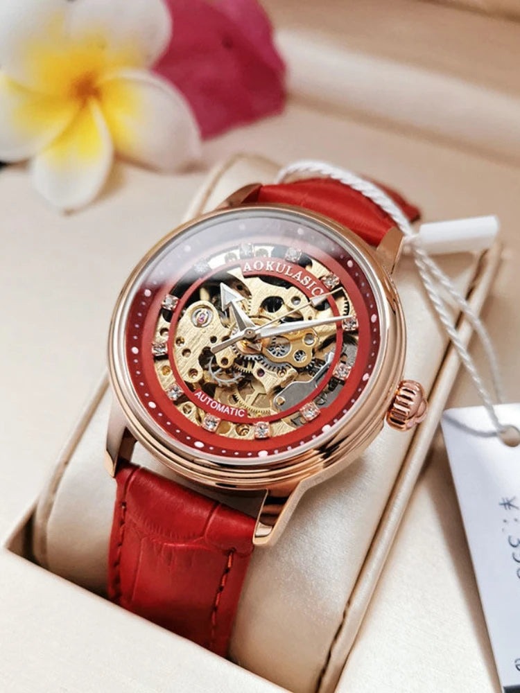 Augas Genuine Cut Out Diamond-Encrusted Fully Automatic Mechanical Watch for Women, Fashionable and Simple Luminous Waterproof Watch for Female Students, a Trendy for Her Best Gift, Without Battery