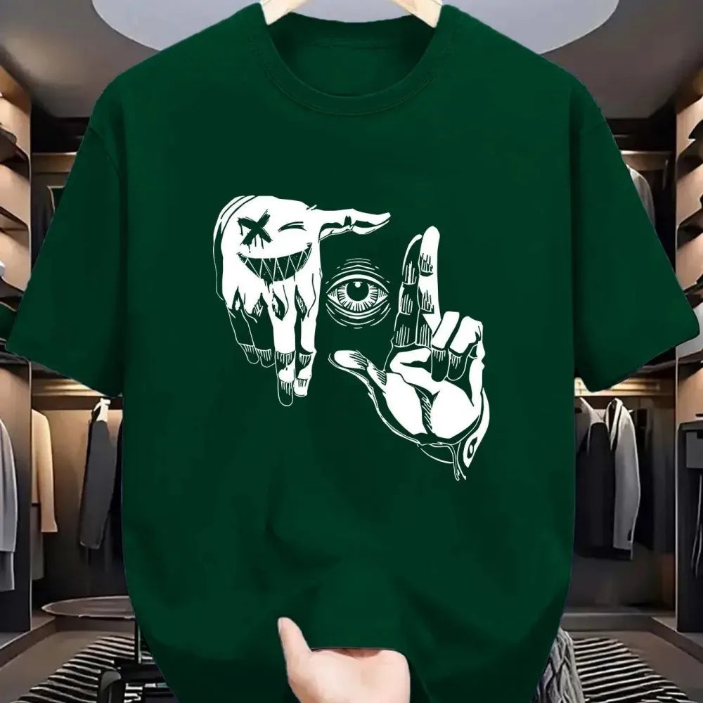 2025 Summer Men's Polyester Casual Breathable Round Neck T-shirt with Gesture Eye Personalized Pattern Printed Outdoor Top