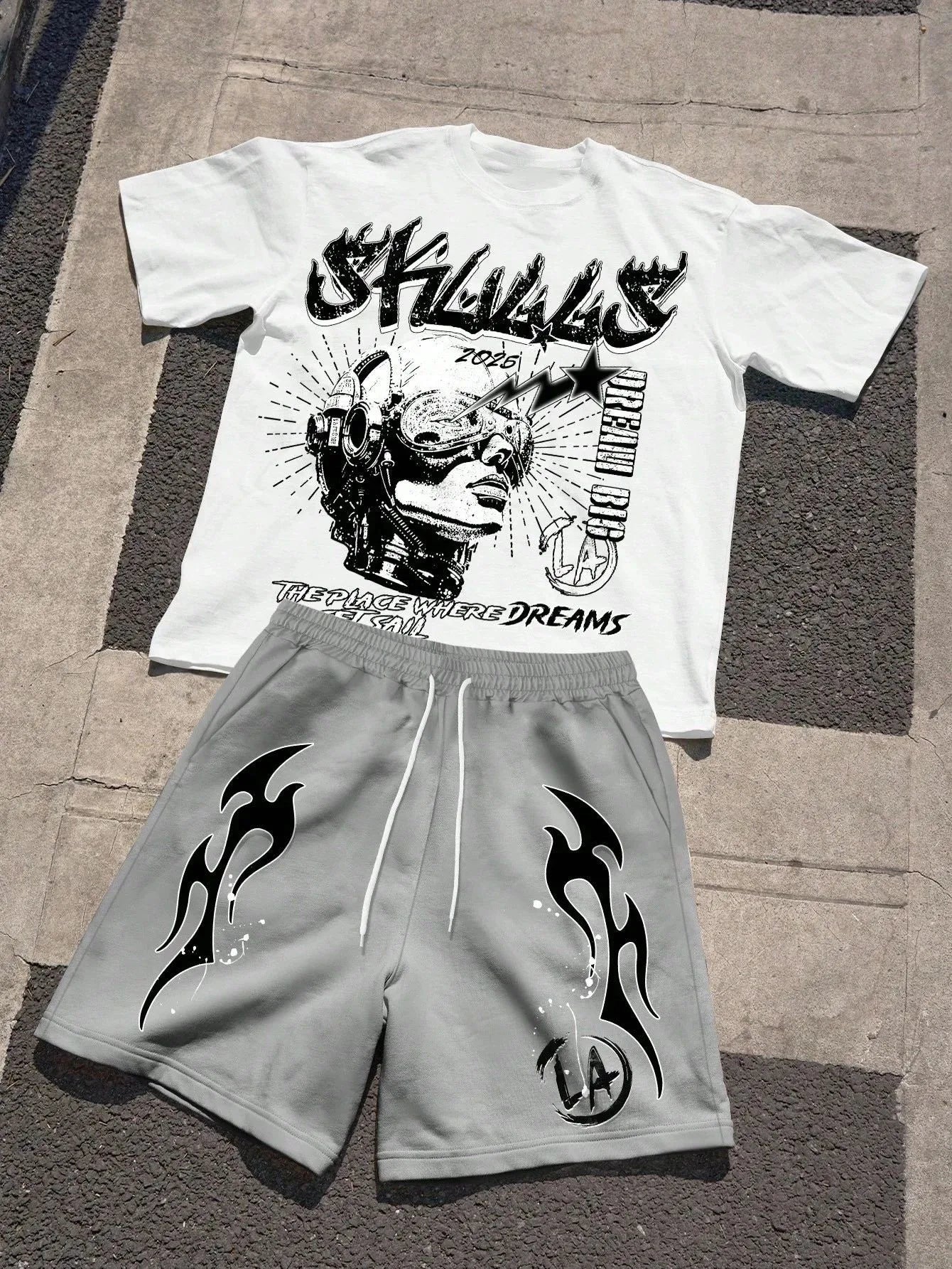 Summer men's fashionable breathable comfortable letter printed round neck T-shirt shorts set outdoor casual top