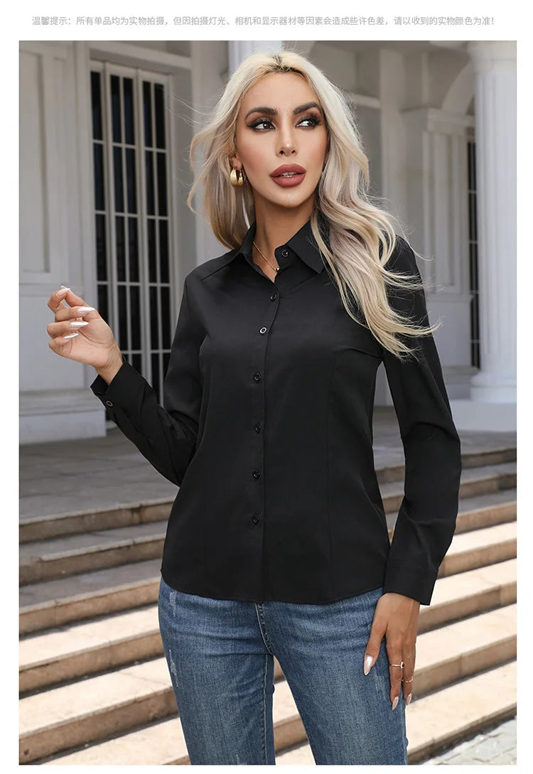 1pcs Woman Spring Autumn Solid color Shirts Lady Casual Long Sleeve Turn-down Collar Loose Shirt Female Fashion Temperament Tops