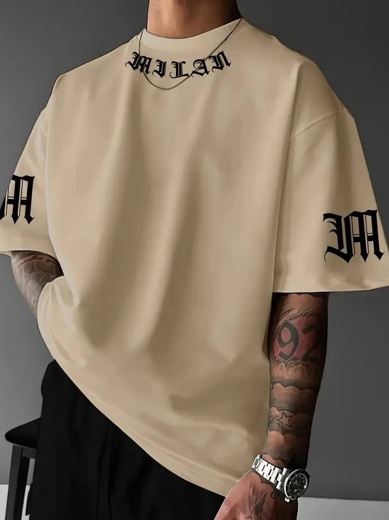 A new men's T-shirt for the summer of 2025 featuring casual and fashionable letter prints and breathable streetwear style