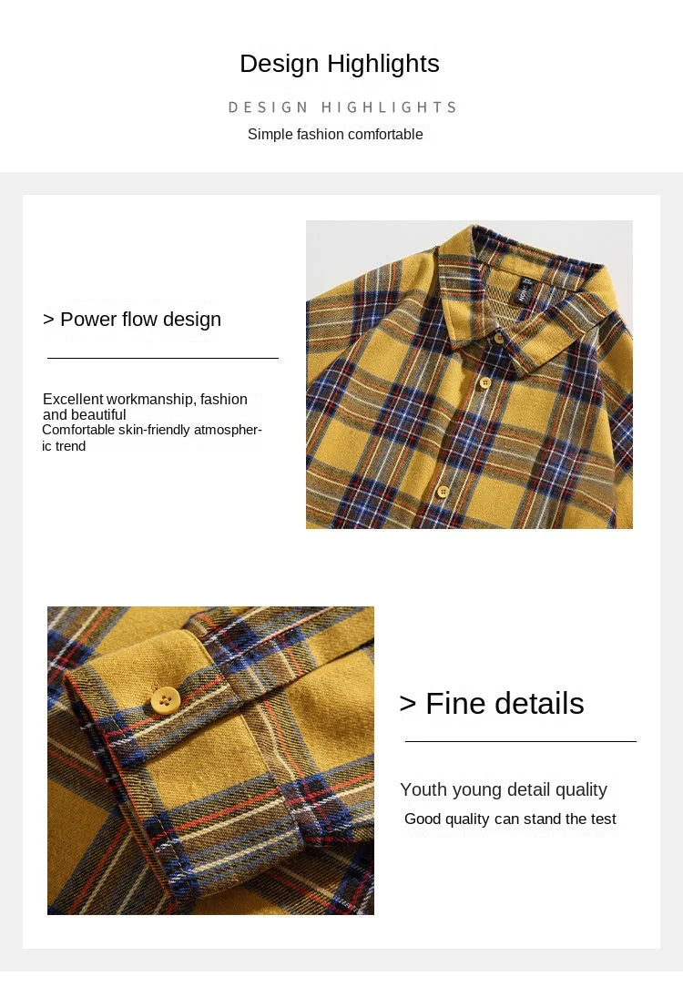 Plaid Shirt with Long Sleeves, Loose Fit, for Casual Men, Harajuku Style, Spring and Autumn Brushed Cotton Shirt.Oversized
