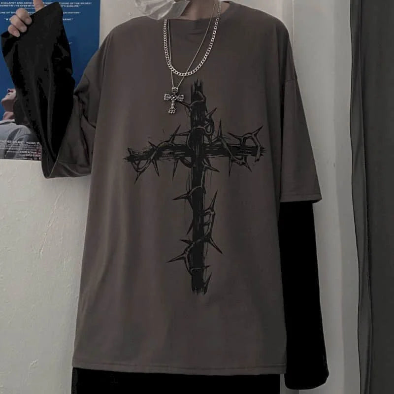 T-shirt for Men Summer Cross of Thorns Suitcase Men's T-shirts Long-sleeved Dark Hip-hop Men's oversize t-shirt Y2k T Shirt Tops