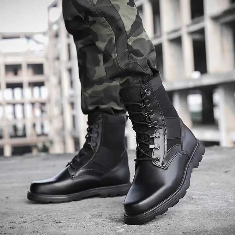 Men's Security Boots Black High-top Leather Boots Outdoor Tactical Combat Boots Anti Slip Hiking Boot Hunting Safety Shoes Botas