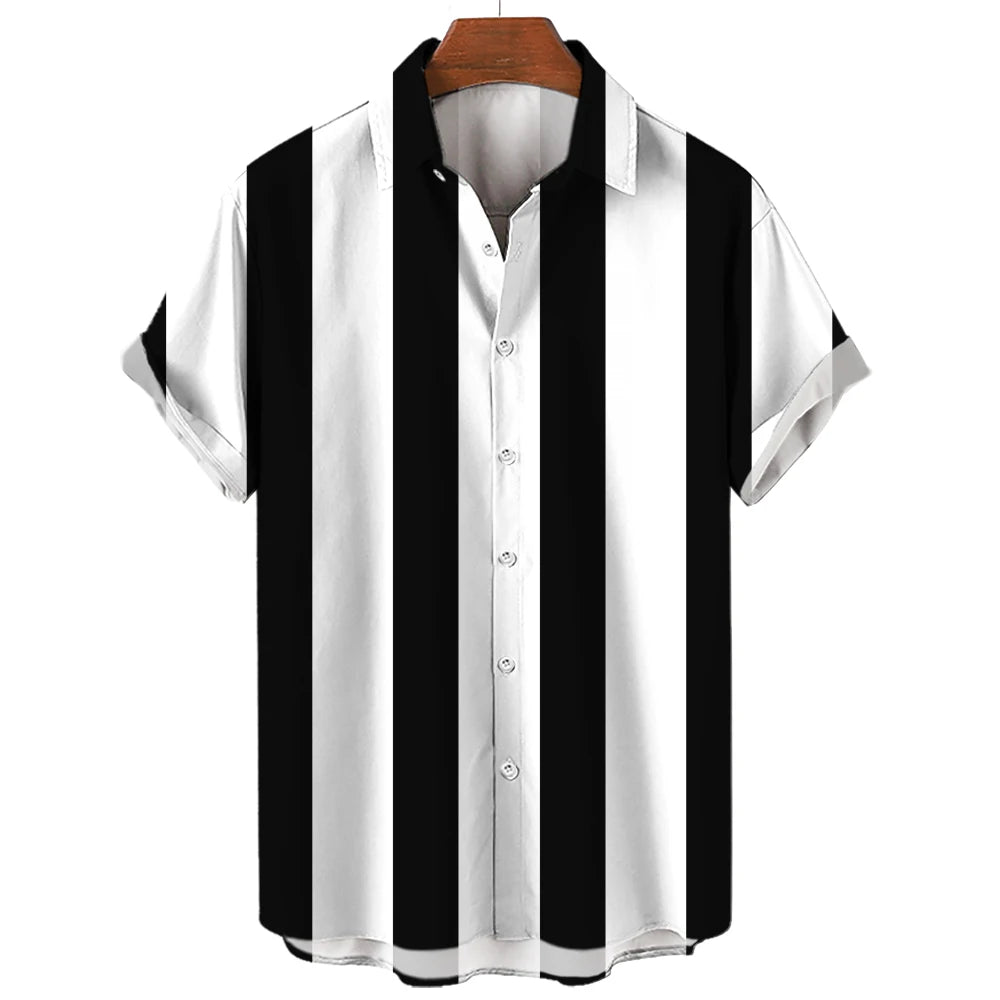 Men's Hawaiian Shirt Summer Stripes Print Short Sleeve Top Tees Fashion Casual Social Shirts Lapel Button Oversized Men Clothing