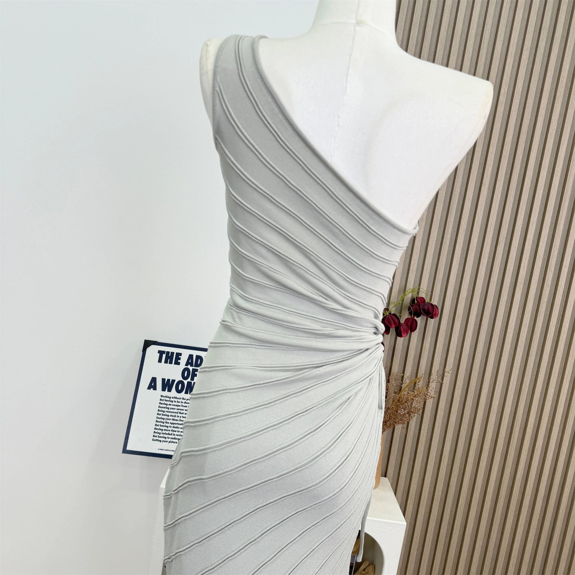 Women Elastic Summer Simple Party Dresses Sexy Irregular One Shoulder Stripe Sheath Pencil Dress