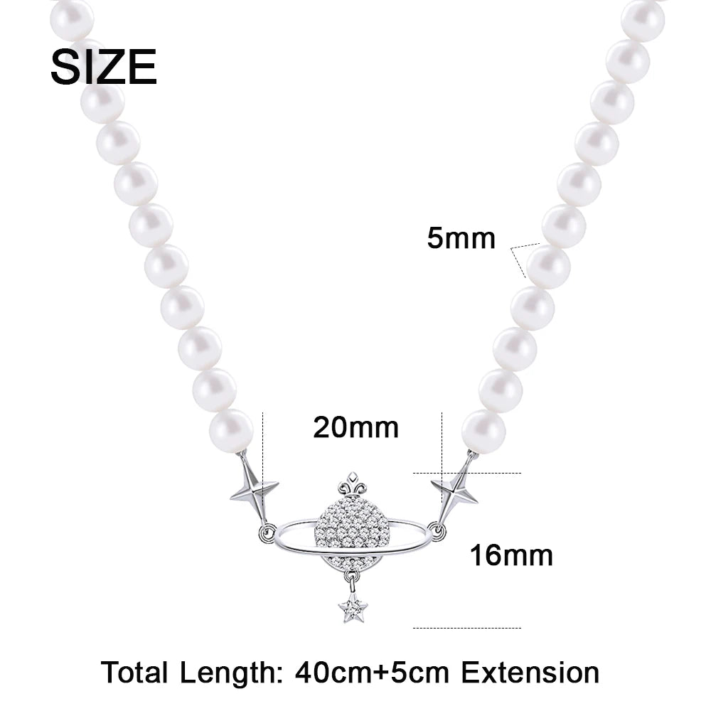 100% 925 Sterling Silver Pearl Shell Necklace Choker For Women Saturn Pearl Necklace Stereoscopic Saturn Pendant Pearls Choker