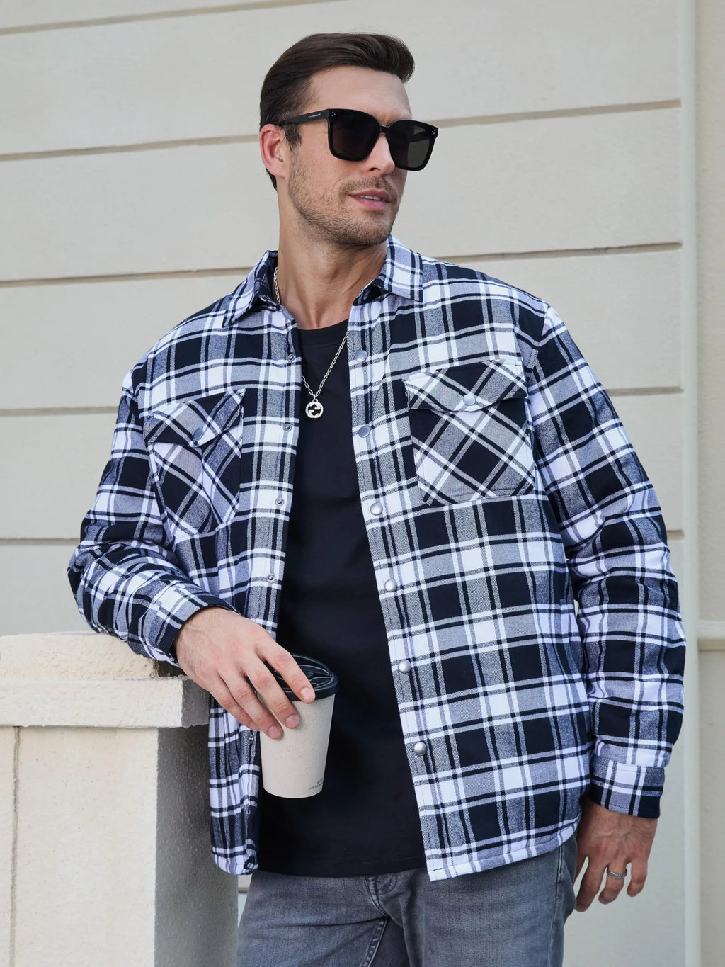 TACVASEN Winter Plaid Cotton Jackets Mens Long Sleeve Quilted Lined Flannel Shirt Jacket Multi-Pockets Outwear Hiking Coats Tops