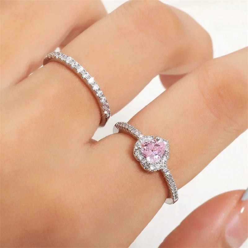 ZAKOL Exquisite Clear Pink Zircon Heart Engagement Ring for Women Charm Shiny AAA CZ Wedding Ring Jewelry Gift