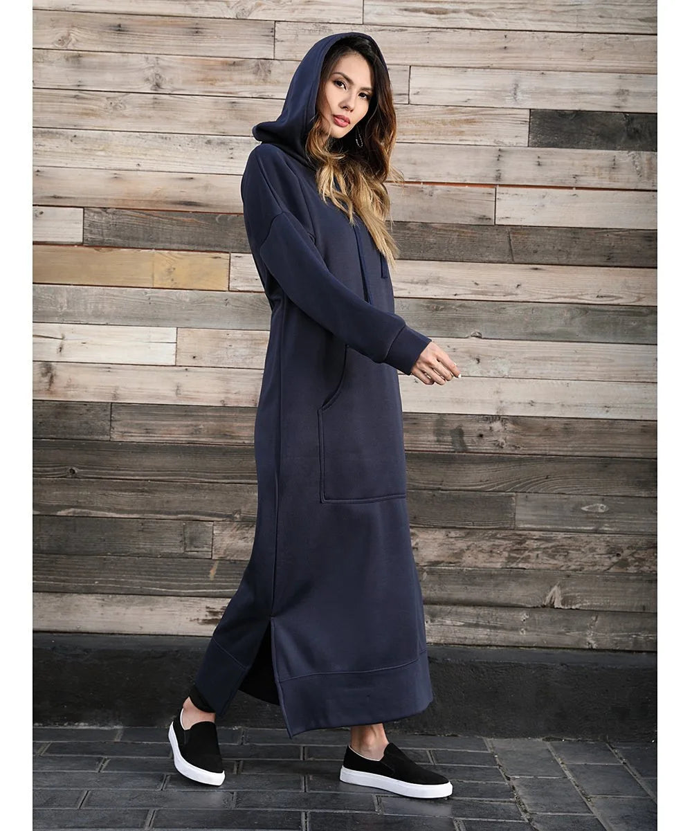 Autumn Winter New plus Size Loose Knitted Long Dress Hoodie Fleece Casual Fashion Dress Large Pocket Skirt Elegant Commute