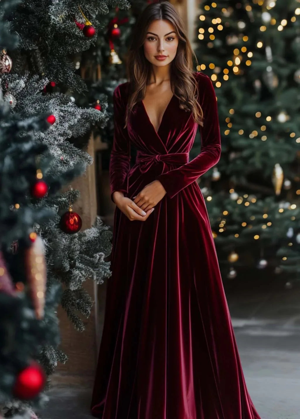 Elegant Women's German Velvet Long Sleeve Dress Autumn Winter New Slim Fit Fashion Waist Tie Female Bridesmaid Long Pocket Dress