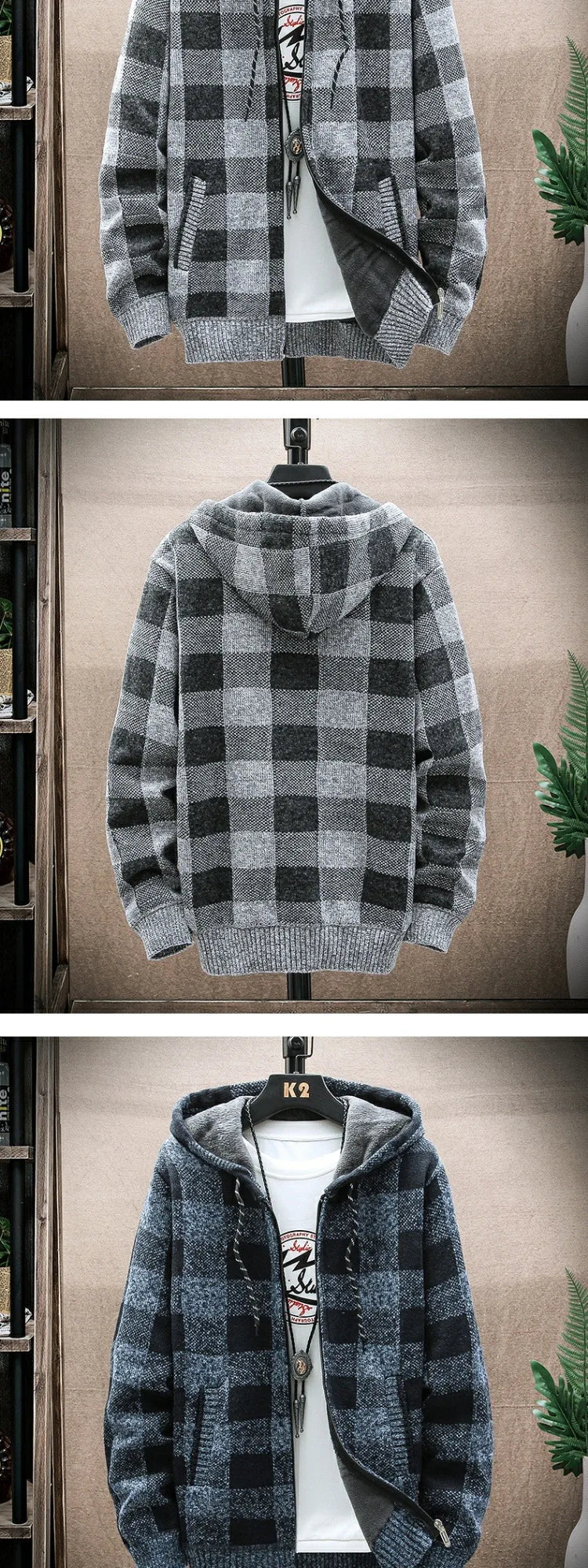 Men's Hooded Thickened Fleece Knitwear Casual Outerwear Winter Warm Plaid Cardigan Coat Large Size Comfortable Street Style